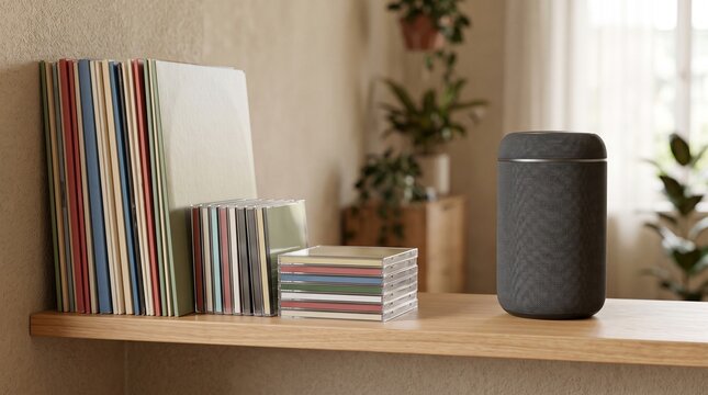 Black smart wireless speaker standing beside vinyl records and stack of compact CD cases on wooden shelf, highlighting modern audio technology and physical music media