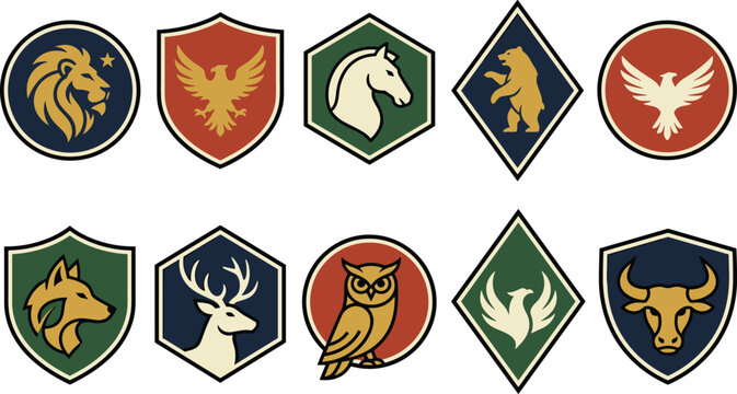 Vintage heraldic animal crest vector badge set featuring a lion eagle horse bear wolf deer owl and bull in geometric shield labels design
