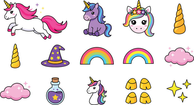 Cute magical unicorn vector icon set featuring rainbows pink clouds wizard hat magic potion and golden horn in a colorful flat cartoon illustration style
