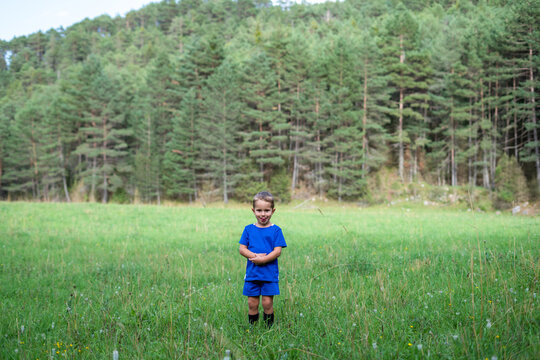 Young boy in blue clothes standing in a green meadow with pine forest background