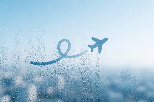 Blue airplane doodle drawn on foggy window with water drops. Plane leaves a trail across glass. Blurred city background suggests travel or daydreaming.