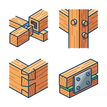 Wood Joinery and Timber Construction Techniques Set: Dovetail, Mortise and Tenon, Dowel, and Bolted Metal Plate Connections for Carpentry