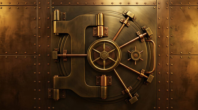 Large vintage style bank vault door with brass mechanical locks