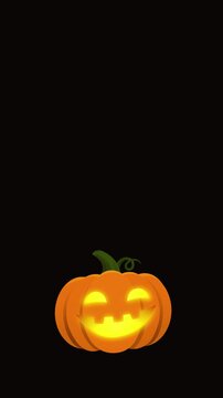 Halloween carved pumpkin falling from the top, bouncing on the ground and lights up with a warm, flickering candle flame. Dark brown background 