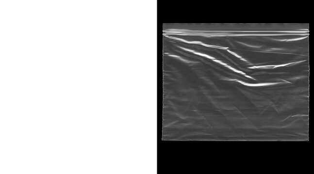 Crumpled plastic texture on black background, wrinkled polyethylene film overlay, transparent plastic bag material with creases and highlights