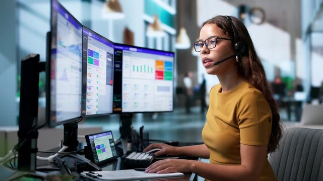 Call Center Agent Uses Software Dashboard