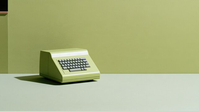 Electronic voting machine on a pale green desk, a smooth and monochromatic scene with generous copy space for a civic mockup
