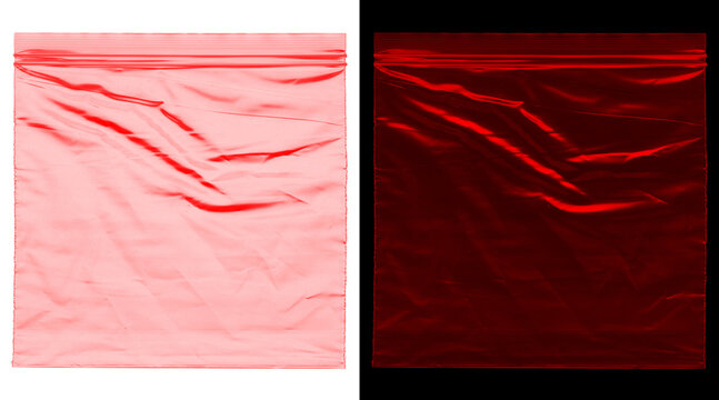 Crumpled red plastic texture overlay, wrinkled zip bag material background, set of 2 transparent polyethylene textures for graphic design