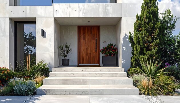 Architectural exterior view of a contemporary minimalist home featuring a combination of concrete panels and rich wood siding, large glass windows, wide concrete front steps, and manicured landscaping