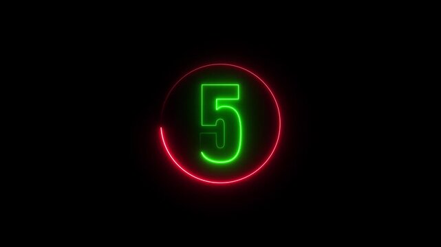 Bright green neon number seven inside a glowing red circle isolated on black background animation