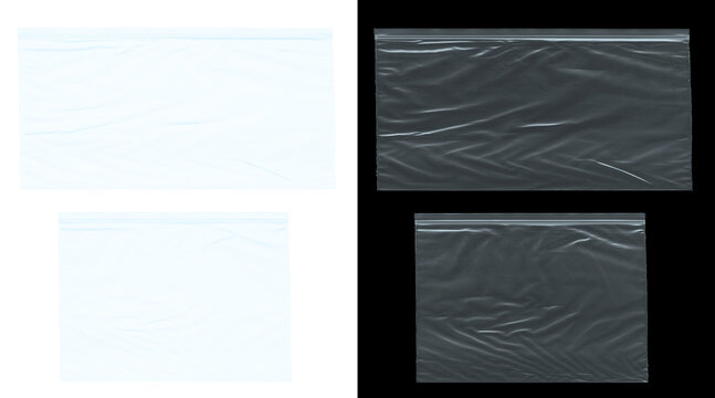 Transparent plastic wrap texture set, wrinkled cellophane overlay elements, clear polyethylene film background with realistic creases and folds