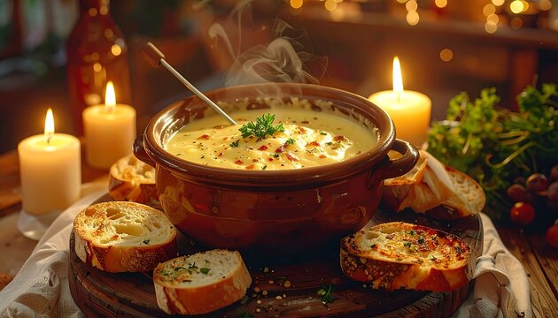 close-up of a single warm melting cheese fondue pot with creamy texture, rising steam, and toasted bread pieces, placed on the left third of the frame with 90% clear copy space on the opposite side fo
