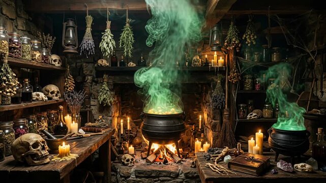 Green smoke rising from cauldrons in a mystical witch laboratory. Eerie spellcasting atmosphere with occult items and dried herbs. Halloween 2026 magic ritual and spooky celebration design.
