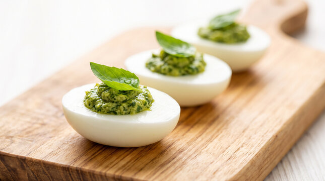 Deviled eggs topped with fresh green pesto and basil leaves sit neatly on a rustic wooden cutting board for a savory appetizer.