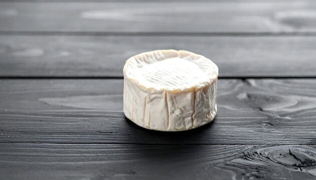 close-up of a single round artisanal cheese wheel with a velvety white bloomy rind and fine granular texture, placed on the center-right of a dark wooden plank surface with ample copy space on the lef