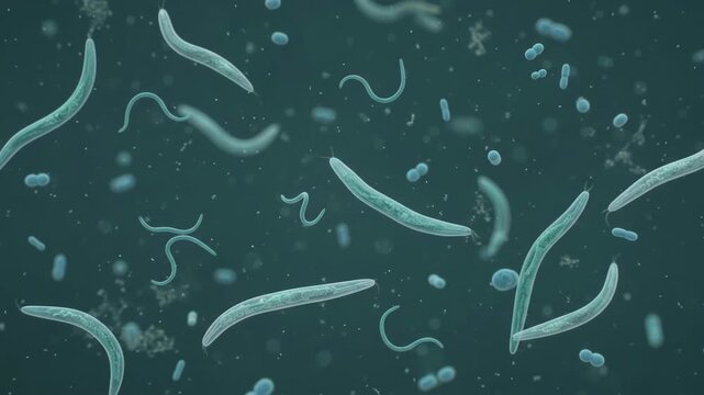 3d medical render of microscopic bacteria and worms in fluid