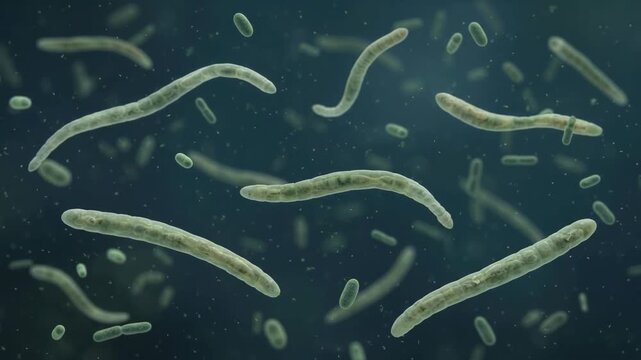 Microscopic 3d medical render of bacteria floating in dark fluid