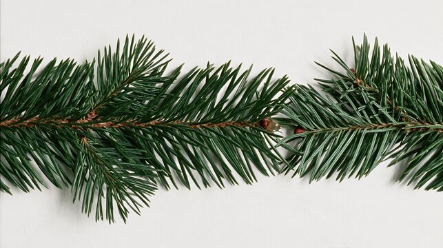 Christmas fir branch border with a resin bead and sharp needles on a chalky plain background, copy space for festive greetings and packaging