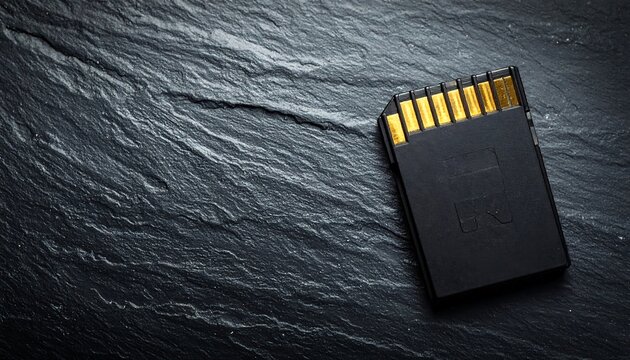 Macro close-up shot of a black SD memory card resting on a dark slate stone background, commercial technology advertisement banner layout with copy space