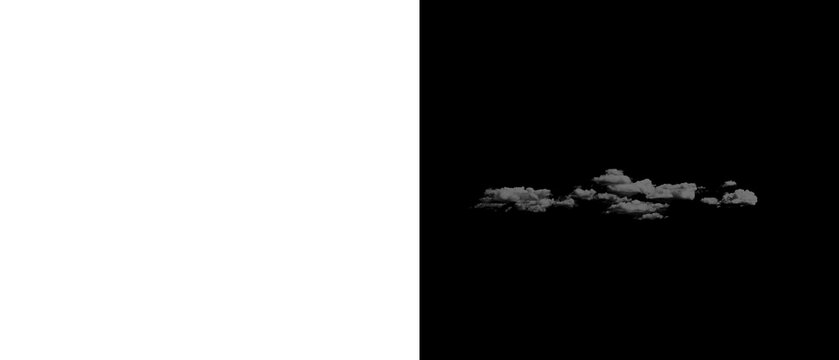 Cloud asset isolated with alpha channel mask. White cumulus cloud formation. Digital matte painting element for VFX compositing and sky replacement in video production projects