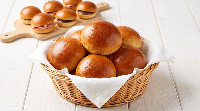 Brioche buns arranged in a woven basket sit on a transparent background wooden table next to a small wooden board with mini sandwiches for guests.
