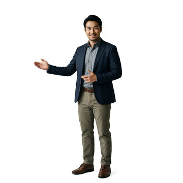 Asian man business presenting isolated professional male in navy blazer and chinos gesturing with hand on a transparent background