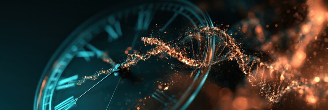 A wide panoramic view of a clock made of glowing DNA strands showing telomere caps as clock hands against a dark background with teal and amber glow.