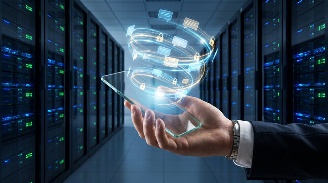 Hand presenting a transparent smartphone with digital icons in a server room