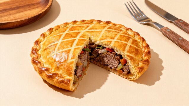 South American empanadas, golden baked pastries filled with seasoned beef, chicken, or cheese, served on a wooden board with aji sauce and fresh salad, representing a popular Latin American street sna