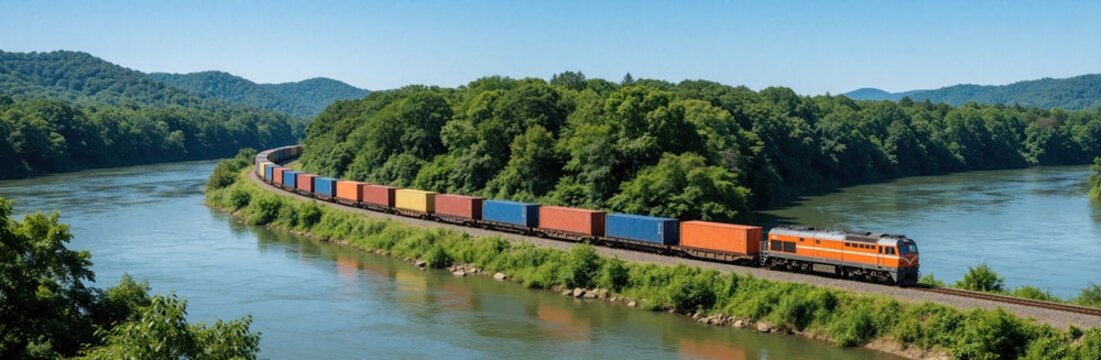 Long freight train with colorful sea containers moves along railroad tracks beside river and green forest. Train hauls cargo through scenic natural landscape on sunny day.