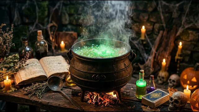 Bubbling witches cauldron with green potion boiling on wooden table in dungeon. Spooky atmosphere of witchcraft and dark magic rituals. Halloween 2026 magical celebration and horror holiday.