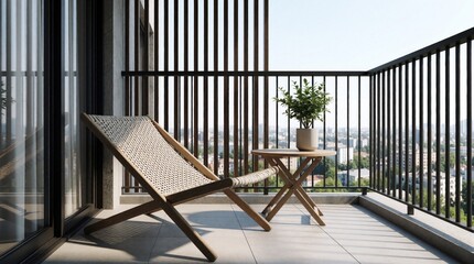 Obraz premium Modern balcony with wooden lounge chair, small round table. Green potted plant sits on terrace near metal railing. Bright urban city landscape view from high rise apartment. Minimalist outdoor