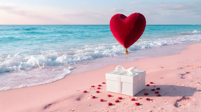 Red heart balloon floating above a white gift box on a pink sandy beach during a sunny day