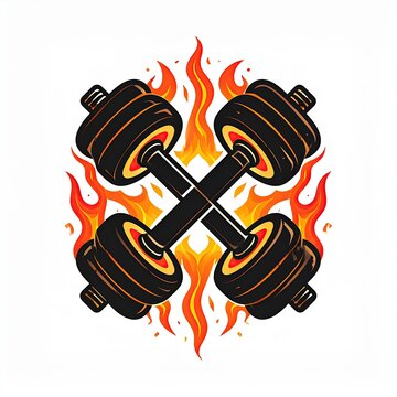 Fiery gym emblem featuring intersecting weights burning with intense orange flames