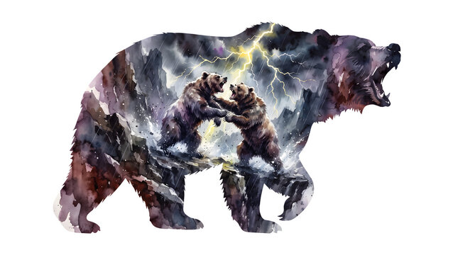 Double exposure of a roaring bear silhouette with fighting bears and lightning storm isolated on transparent background