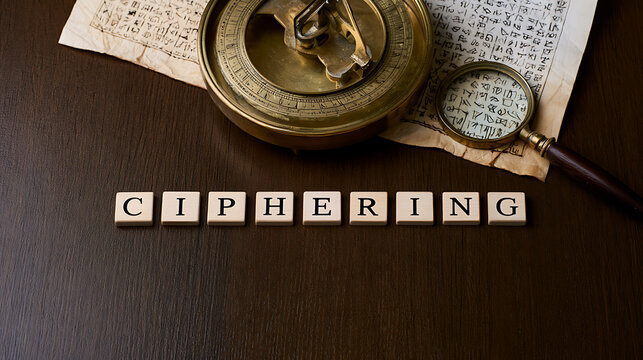 Ciphering concept with wooden letter tiles, antique brass scale, magnifying glass, and mysterious ancient manuscript on dark wood table