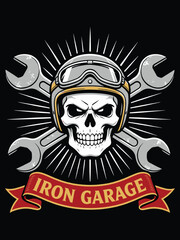 Fototapeta premium Biker skull wearing helmet with goggles and crossed wrenches on iron garage banner, Vector Transparent Background illustration