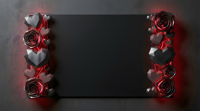 Black rectangular frame decorated with metal hearts and roses with glowing red light background