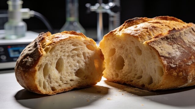 Freshly baked sourdough bread loaf cut in half on a lab table with crusty bread