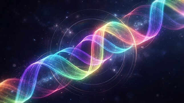 Rainbow light trails forming a double helix pattern with colorful trails