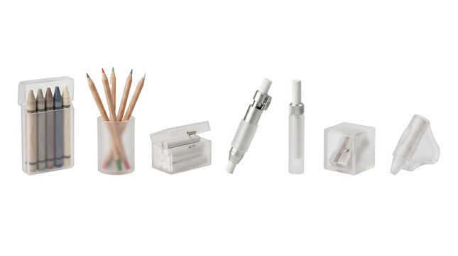 Assorted office stationery including crayons in a case colored pencils erasers writing tools on a white background with white background