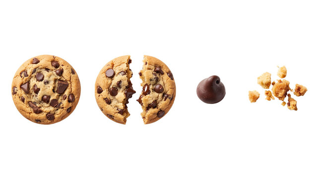 Freshly baked chocolate chip cookies one broken in half a single chip and crumbs on a white background