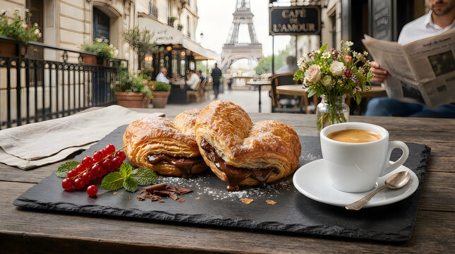 Fresh pastry and a cup of coffee on a table at a cafe in paris with the eiffel tower in view