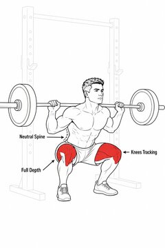 Educational infographic guide explaining optimal back squat posture and safe body execution