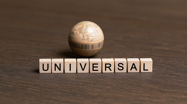 A small globe with a barcode sits above wooden letter blocks spell universal on a dark table, representing global commerce and trade