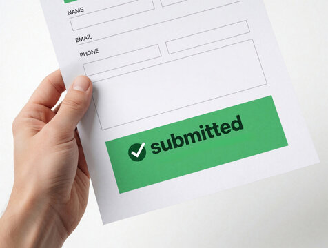Hand holds paper form with fields for name email and phone. Green button reads submitted with checkmark. Represents completed application or data entry process.