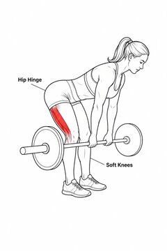 Proper stiff leg deadlift form infographic diagram showing hip hinge and soft knees