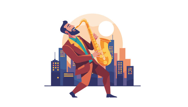 Passionate musician plays a golden saxophone in front of a majestic city skyline at sunset creating a warm musical ambiance.