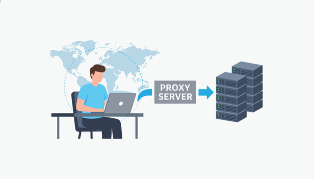 Computer user sitting at his desk and securely connecting to server racks using a proxy server over the global network.
