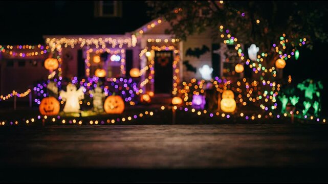 Wooden table foreground with glowing holiday decorations at a house. Spooky evening atmosphere celebrating the annual autumn festival. Halloween 2026 festive celebration and seasonal party.